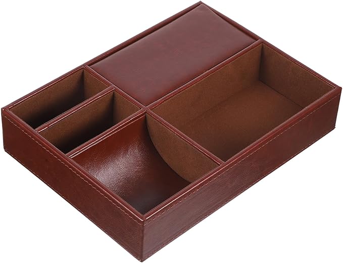 Leather Jewelry Storage Box Multi-compartment Organizer Tray for Rings Watches Earrings Faux Leather Nightstand Dresser Storage Case Brown