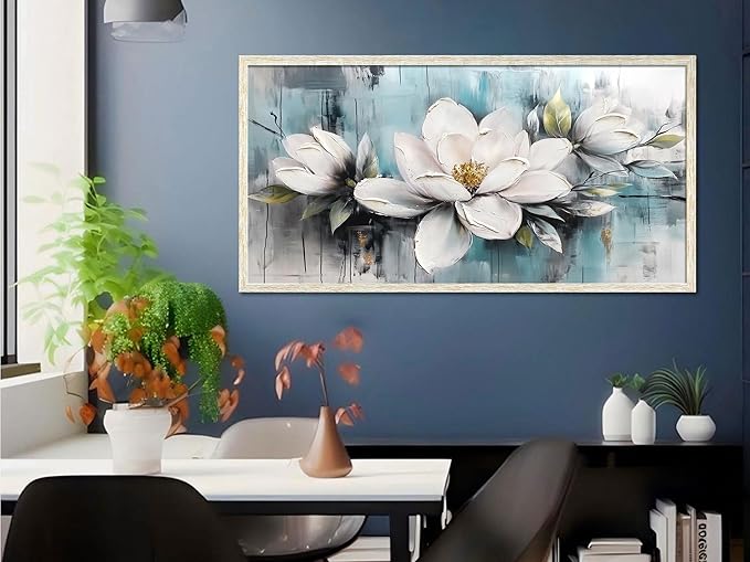 Ardemy Magnolia Wall Art Framed Canvas Wall Decor Living Room, White Floral Picture Wall Decor Teal Painting Flower Textured Artwork for Bedroom Dining Room Home Office 40"x20"
