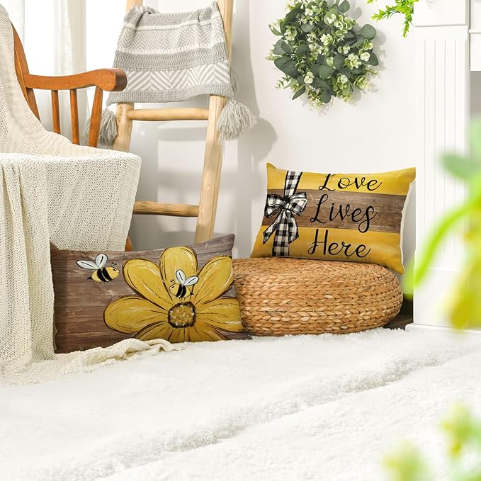 AVOIN colorlife Spring Home Sweet Home Bee Sunflower Throw Pillow Covers, 12 x 20 Inch Love Lives Here Summer Stripes Polka Dots Cushion Case for Sofa Couch Set of 4