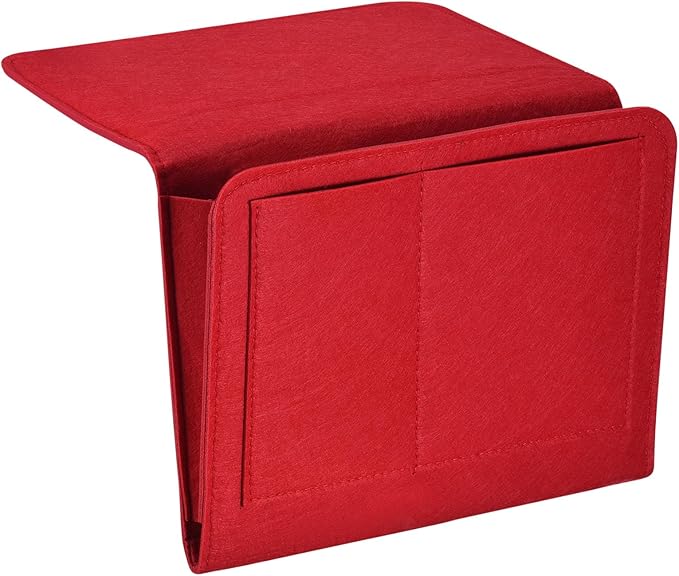 PATIKIL 11in Bedside Caddy, Bed Caddy Bedside Organizer Hanging Soft Felt 5 Pockets Bed Pockets Bedside Storage Organizer Remote Control Holder for Bedroom Phones Glasses, Red
