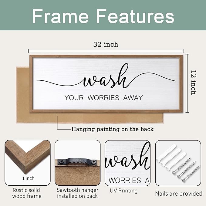 Foutcheou Funny Wash Your Worries Away Bathroom Wall Decor Sign 32x12 Inch Framed Wooden Wall Art with Inspirational Quote, Farmhouse for Home Laundry Room Guest Powder Room Wall Decor