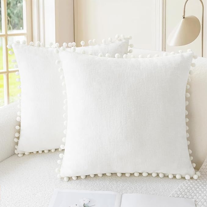 CaliTime Throw Pillow Covers Decorative 20 X 12 Inches Pack of 2 Cozy Solid Dyed Soft Chenille Cushion Cases with Pom Poms for Couch Sofa Bed Living Room Home True White