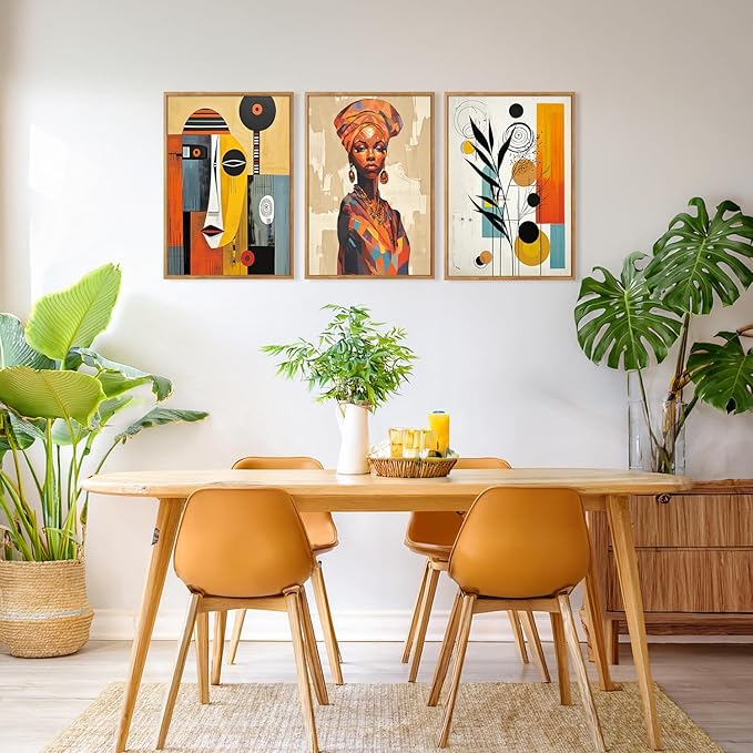 CHDITB Boho Abstract Black Woman Framed Canvas Wall Art, Orange African Artwork Ethnic Minimalist Portrait Murals Wall Decor, Vintage Geometric Aesthetics Art Prints For Bedroom Living Room-12X16 Inch