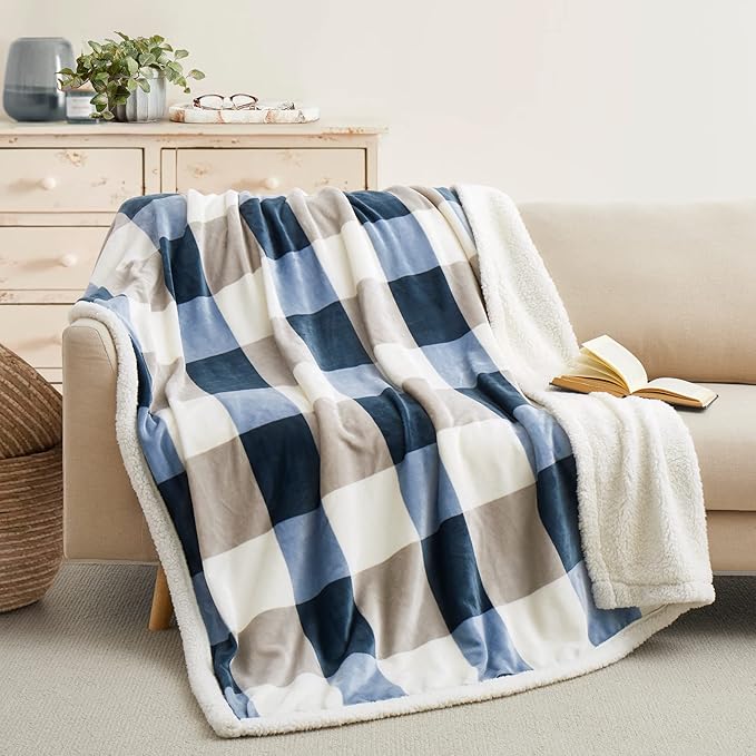 Sherpa Fleece Throw Blanket for Couch, Fluffy Plush Warm Fuzzy Blanket for Women and Men, Cozy Thick Soft Twin Blanket for Bed, Gray-Soft Blue, 60x80 Inches