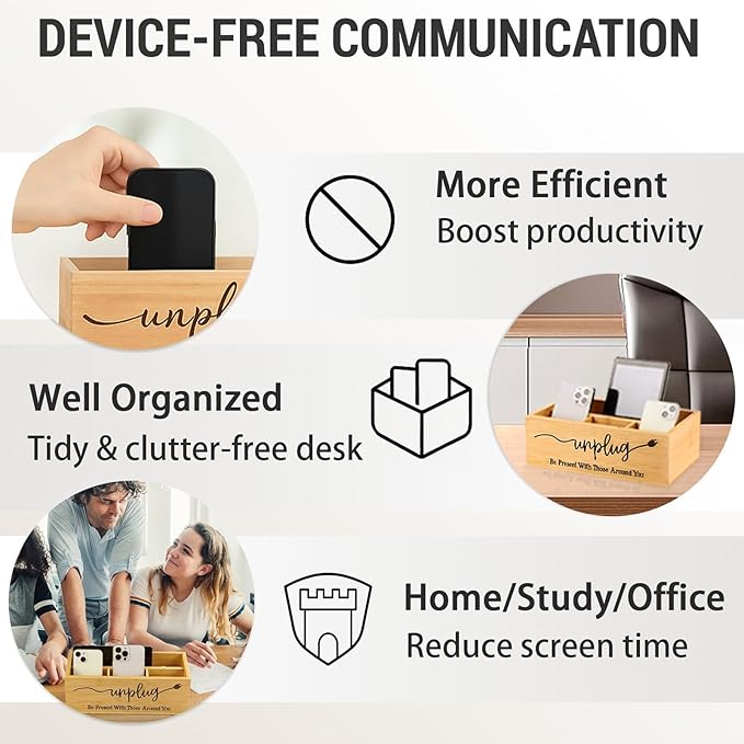 Bamboo Wood Phone Box – Unplug from Phones, Tablets, and Electronics for Study, Meetings, and Family Time, Phone Holder Organizer with Charging Holes, Farmhouse Style, Holds Up to 18 Phones-Wood