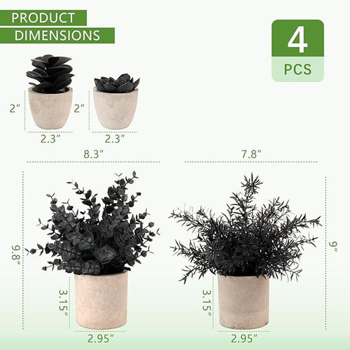 ALAGIRLS 4 Packs Fake Plants Small Artificial Plants Indoor Black Eucalyptus Rosemary Succulents Plants Potted Faux Plants for Home Indoor Office Bathroom Living Room Decor