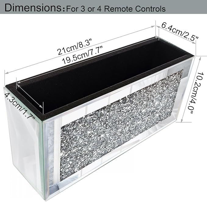 Mirrored Remote Holder, Wall Mounted Crush Diamond Bling Decoration Organizer Storage Box for Remote Phone Pad Wallet Notebook (8.3"×2.5"×4" For 3 or 4 Remote Controls) | Bling Decoration