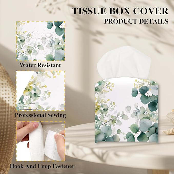 Flowers and Leaves Tissue Box Cover, Watercolor Green Tissue Holder Square with Bottom Belt for Home Bathroom Office Vanity Countertop, Housewarming Gifts Ideas for Women Friends Mom Bestie -02