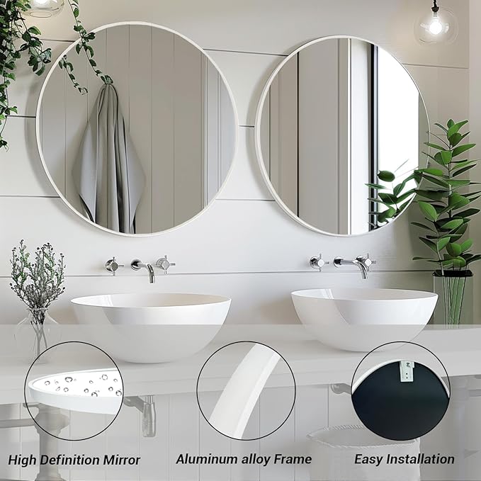 White Round Mirror 24 inch, 2 Pack White Circle Mirror, Round Bathroom Mirrors Metal Frame for Bathroom, Bedroom, Living Room, Hallway.