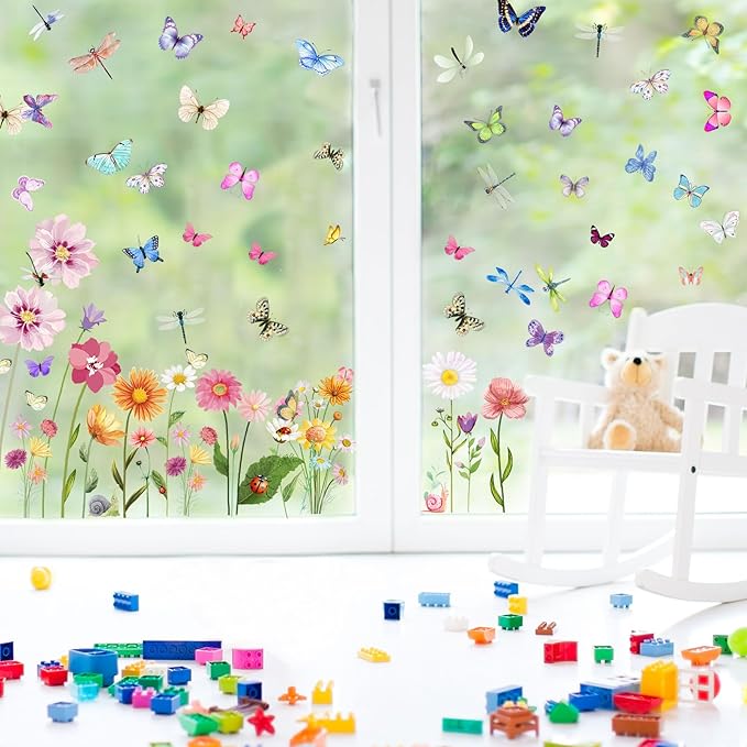 80 Pieces Flowers Butterflies Wall Decals Chrysanthemums Dragonflies Wall Sticker Flowers Peel and Stick Art Removable PVC Garden Decal for Kids Room Nursery Classroom Bedroom Decor, Colorful