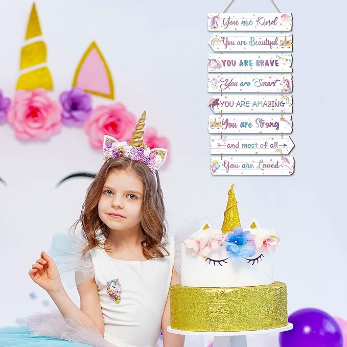 Inspirational Girl Room Decor Aesthetic Art Wall Hanging Sign Inspiring Colorful Rainbow Wooden Decoration for Kids Teens Toddler Boy Baby Bedroom Nursery Dorm Decor, 6-12 Years old (Magic Unicorn)