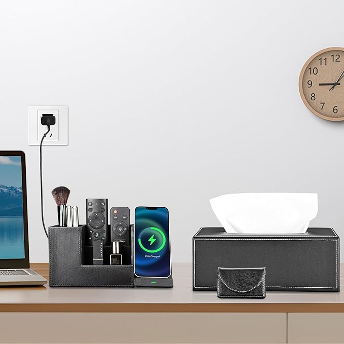 KINGFOM PU Leather Desk Organizer Pen Pencil Holder with Wireless Charger Stand for iPhone, Rectangular tissue box cover, Pocket Business Cards Holder Black-5PCS/SET