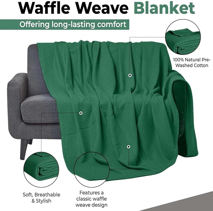 100% Cotton Blankets for Bed - Waffle Weave Blankets for Summer, Lightweight and Breathable Soft Woven Blanket for Spring (Dark Green, Queen (90" x 90"))