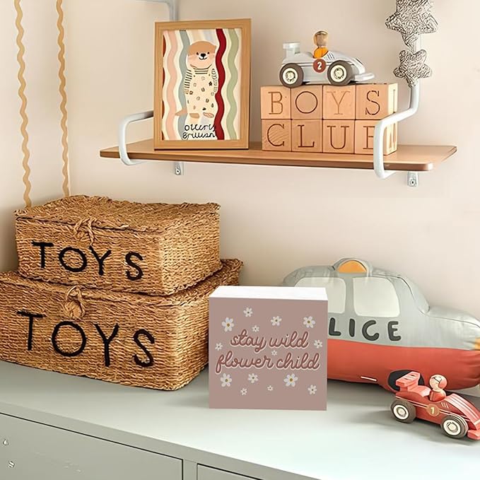 Lacama Pink Boho Girl Nursery Wooden Box Sign, Stay Wild Flower Child Decorations Wood Block Signs, Retro Boho Nursery Wood Sign for Girls Room Bedroom Desk Shelf Wall Decor 5x5 Inches