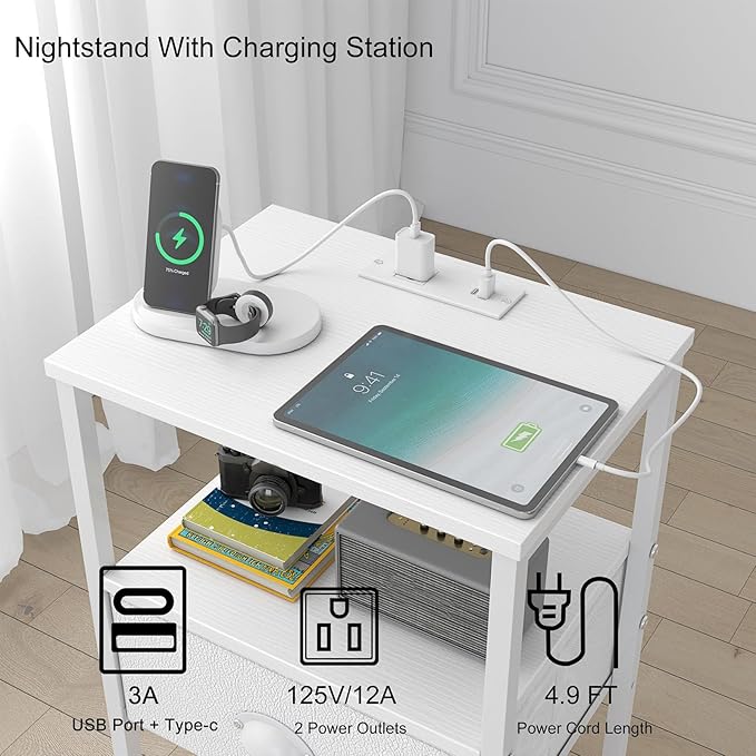Nightstands Set of 2, LED Night Stands with Charging Station and Fabric Drawer, Bedside Tables with Drawers, 2- Tier LED Side Table End Table Charging Station Livingroom Bedroom, White