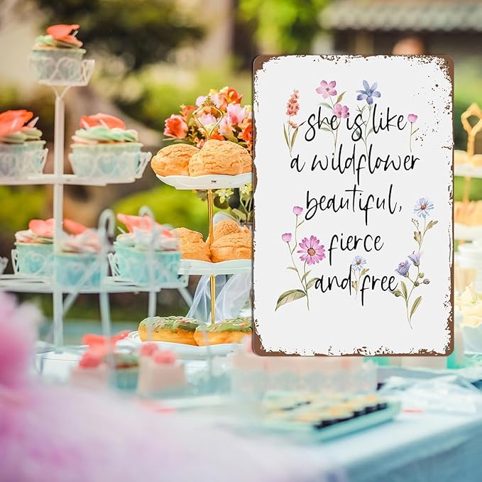 Wildflower Decor Vintage Party Decor Funny Tin Sign For Birthday Party Wildflower Baby Shower Decorations Outdoor Metal Wall Art Garage Metal Sign She Is Like A Wildflower Beautiful Fierce And Free