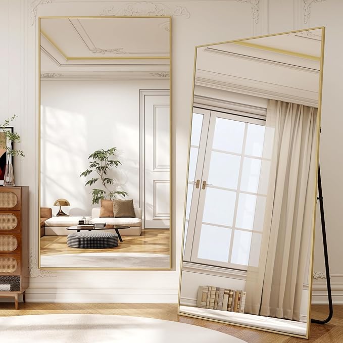 80" x 40" Oversized Full Length Mirror with Stand, Standing/Leaning/Wall Mounted Large Full Body Floor Mirror for Bedroom, Living Room, Entryway, Cloakroom with Aluminum Alloy Frame Gold