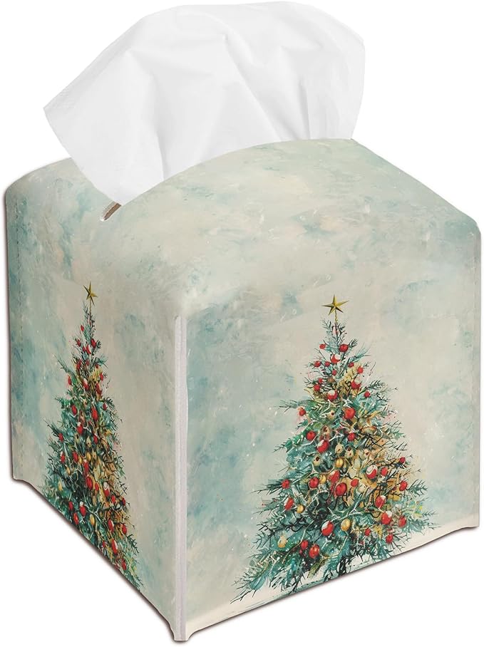Christmas Trees Tissue Box Cover Leather, Christmas Tissue Box Cover Square, Facial Paper Organizer for Table Top Nightstands Desk Bathroom Kitchen Car Office Home Decor(5.2 Inches)-B01