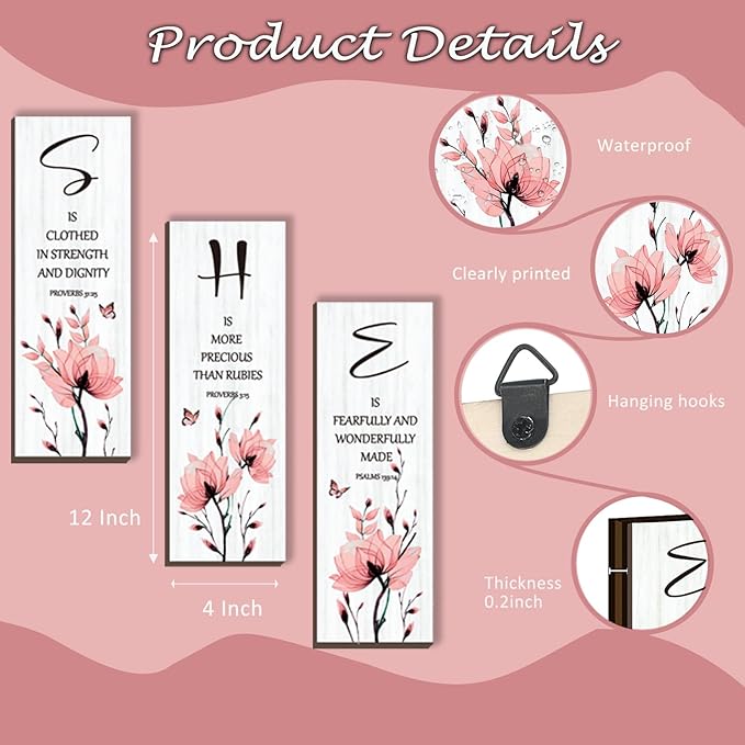 DONFENTHY 3 Pieces Inspirational Pink Floral Wall Decor Wooden Hanging Wall Art Christian Quotes SHE Word Sign Gift for Girl Teen Women Bedroom Bathroom Living Room Nursery Office (Pink 12x4 Inch)