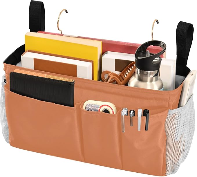DOMIKING Orange Bedside Caddy for Dorm Bed Recliner Armrest Organizer with Hooks Haning Holders for Rails Headboards Bunk Bed