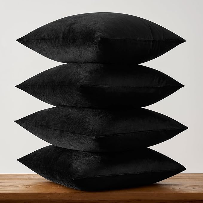 GIGIZAZA Black Velvet Pillow Covers - 20x20 Pack of 4 Decorative Throw Pillows Soft Couch Cushion Luxury Covers for Bed Living Room Accent Elegant Pillow Cases