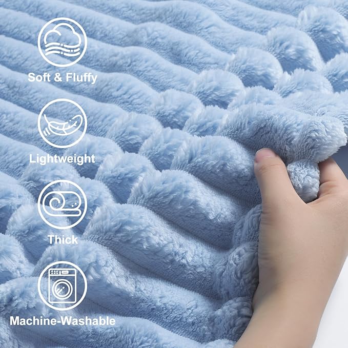 decorUhome Soft Fleece Blue Grey Blanket King Size for Bed, Cozy Fluffy Plush Flannel Large Striped Throws for Couch Sofa, Lightweight Decorative Fuzzy Blanket for Woman, 108x90 Inches