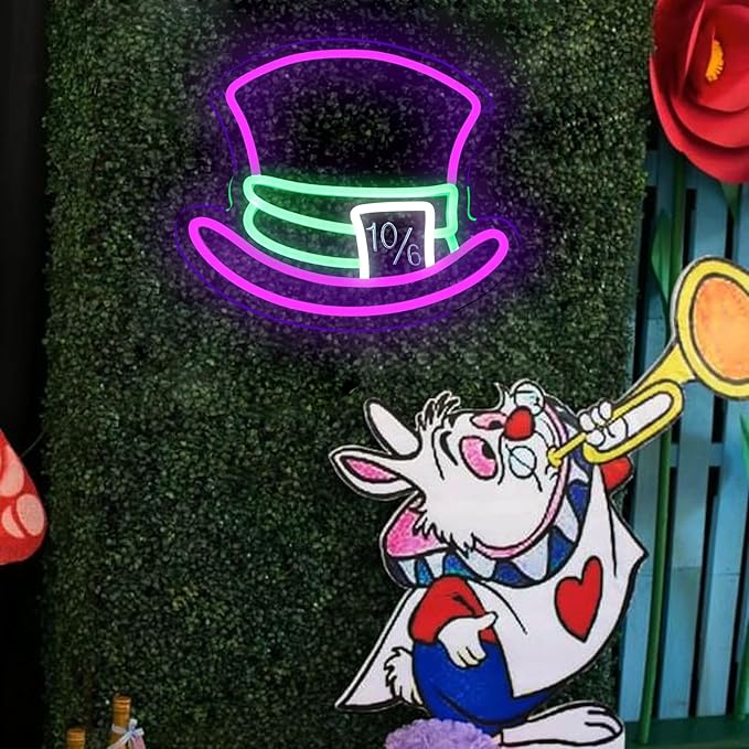 Mad Hatter Hat Neon Signs for Wall Decor Dimmable Alice in Wonderland LED Lights for Bedroom Man Cave Party Bar Background Decoration Birthday and Halloween Gifts, 11.42 * 9.8 Inches