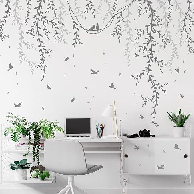 Hanging Willow Branch Wall Stickers DIY Grey Vine Leaf Plant Wall Decals Peel and Stick Grass Birds Butterfly Art Mural Decortions for Kids Baby Girls Nursery Bedroom Living Room Offices Classroom
