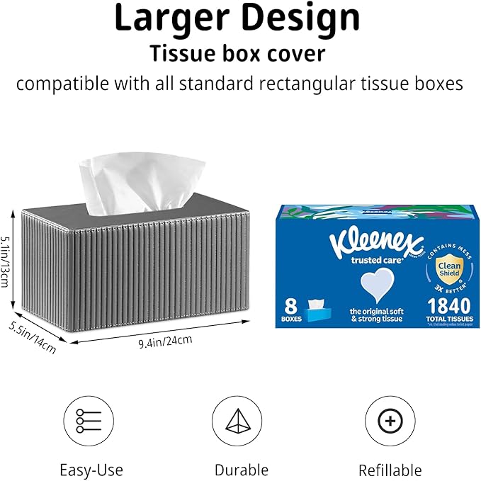 PUSU Plus Rectangular PU Leather Tissue Box Cover with Buckle Bottom - Modern Facial Tissue Dispenser Holder for Bathroom Vanity, Bedside Table, Bedroom, Office & Home Decor