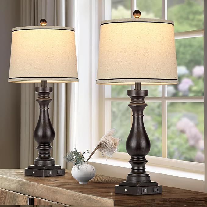 29" Tall Table Lamp for Living Room Set of 2,Farmhouse Vintage Bedside Nightstand Lamps with USB C+A Ports & AC Outlet,3-Way Dimmable Touch Control Retro Black Lamp for Bedroom,Color 5