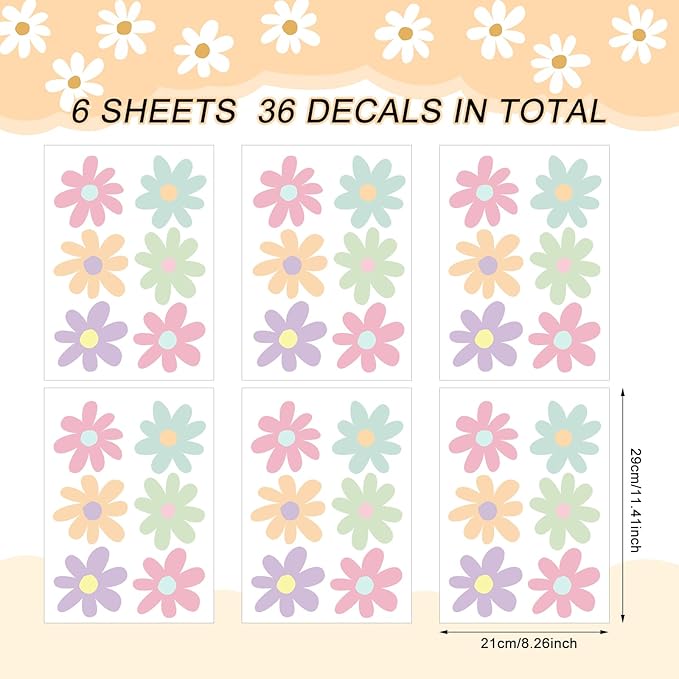 BBTO Daisy Wall Decal Flower Vinyl Wall Decals Daisy Stickers Floral Decals Peel and Stick for Nursery Art Bedroom Living Room(Simple Style,Novel Color)