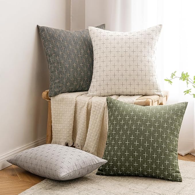 MIULEE Pack of 2 Decorative Vintage Burlap Linen Euro Sham Spring Throw Pillow Covers for Sofa Couch Bed 24x24 Inch Modern Farmhouse Pillowcase Rustic Woven Textured Cushion Cover Olive Green