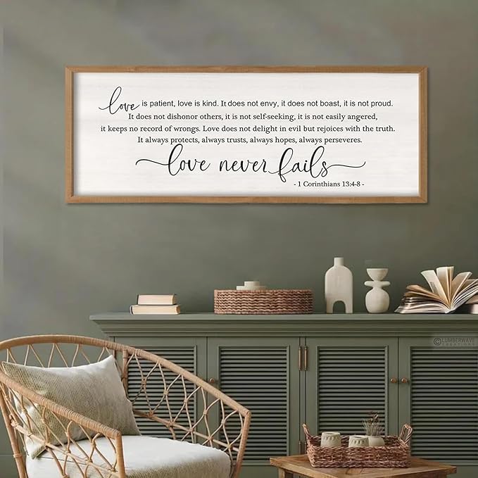 Foutcheou Love Is Patient Love is Kind Wall Art, 32"X12" Wood Framed Bedroom Above The Bed Wall Decor, Large Horizontal Dining Room Christian Bible Verse Hanging Sign for Home Family, Natural