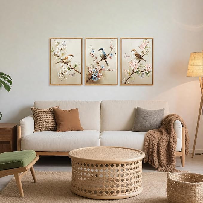CHDITB Bird and Blossom Framed Canvas Wall Art Set Of 3, Vintage Floral Wall Decor, Retro Nature Avian Floral Wall Painting, Neutral Botanical Birds Art Prints for Dining Room Bedroom Decor 12”x16”