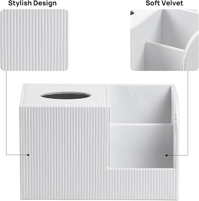 Square Tissue Box Cover with 2 Compartments Storage Organizer, PU Leather Tissue Box Holder with Remote Control Holder for Livingroom Nightstand, Multifunctional Cube Tissue Holder (White)