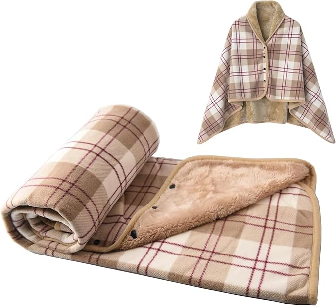 forestfish Fleece Wearable Blanket, Plaid Lap Blanket Comfy Poncho Throw with Buttons for Bed Sofa Office, Brown-White