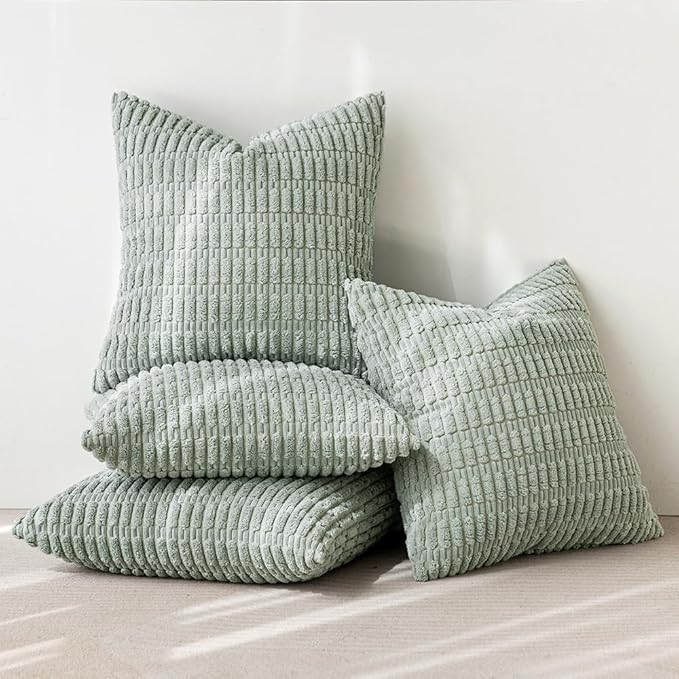 MIULEE Pack of 4 Greyish Green Corduroy Decorative Throw Pillow Covers 18x18 Inch Soft Boho Striped Pillow Covers Modern Farmhouse Home Decor for Sofa Living Room Couch Bed