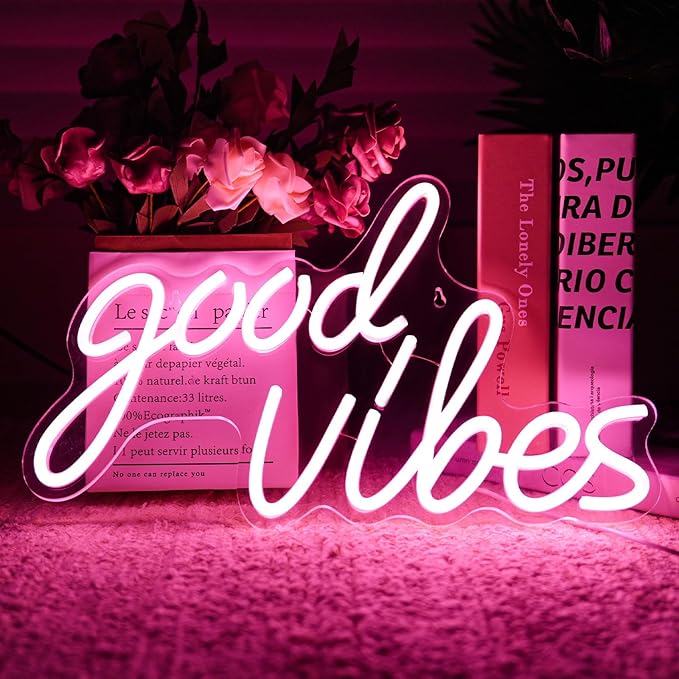 Good Vibes Neon Sign for Wall Decor, Good Vibes Neon Lights Goodvibes LED Light Sign for Bedroom Decor, Game Room, Birthday Party, Wedding, Bar, Home, Girl Cave, Pink, (15.91 x 9.69 inch)
