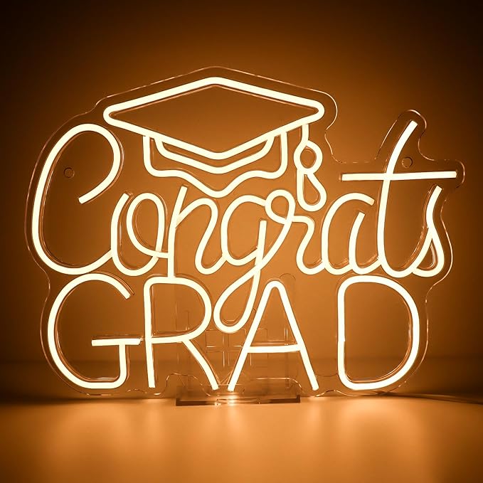Congrats Grad LED Neon Sign, Graduation Party Decor, 16.5×12.6 Inch Warm White Grad Light Up Letters, Adjustable Congrats Graduation Sign, Dorm Room Backdrop, Celebration Gift for Class