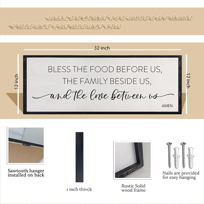 comurdyo Bless the Food Before Us Sign, 32" X 12" for Dining Room Kitchen Large Vintage Wall Decor, Farmhouse Christian Scripture Wooden Framed Religious Wall Hanging Art (Black)