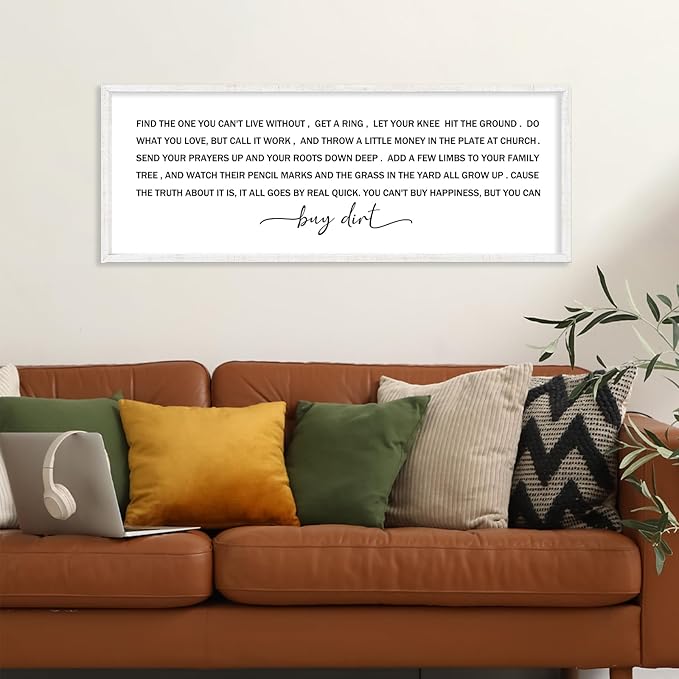 YWJKWLGS You Can't Buy Happiness But You Can Buy Dirt - 40x15 Inch Large Buy Dirt Sign, Rustic Wooden Farmhouse Wall Decor for Living Room, Kitchen, Country Home & Gardening Lovers (White)