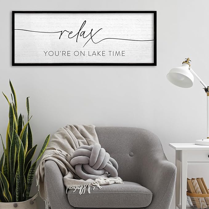 TQianJiang Relax You're On Lake Time Wall Decor 40"×15" Lakeside Quote Sign Lake House Decor for Living Room Bedroom Large Rustic Wooden Framed Wall Hanging Art (Black)