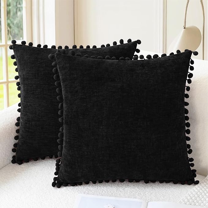 CaliTime Throw Pillow Covers Decorative 22 X 22 Inches Pack of 2 Cozy Solid Dyed Soft Chenille Cushion Cases with Pom Poms for Couch Sofa Bed Living Room Home Black