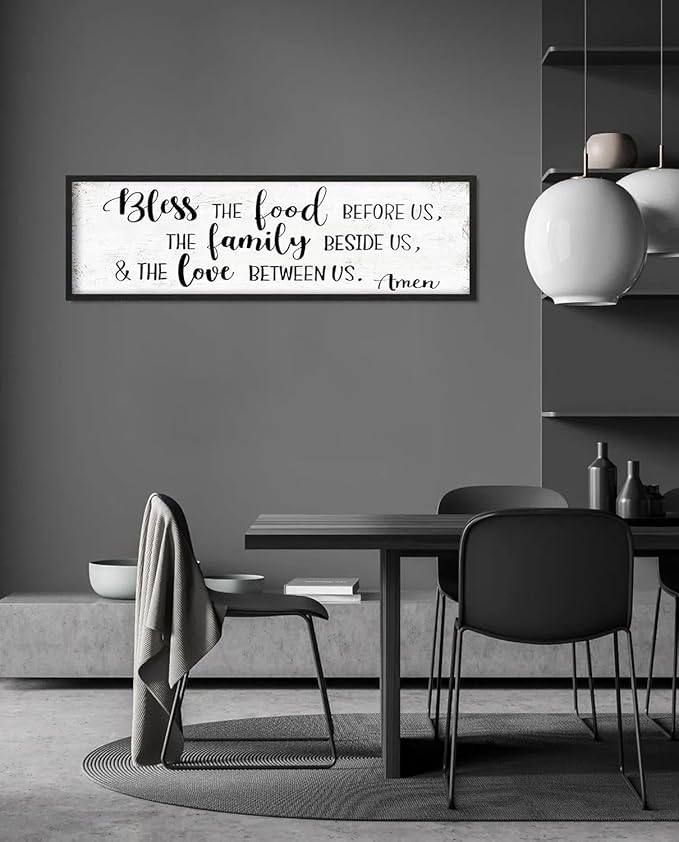 Bless the Food Before Us Wall Decor: Christian Bible Verse Wall Art Farmhouse Kitchen Dining Room Framed laque with Sayings - The Family Beside Us and The Love Between Us Signs 16"x48"