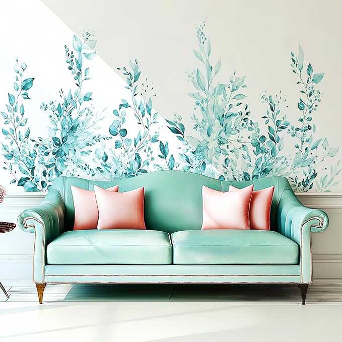 Spa Green Plants Leaves Wall Decals Peel and Stick, Large Floral Flowers Vinyl Wall Stickers, Removable Vine Home Decor Art for Bedroom Living Room Classroom Office