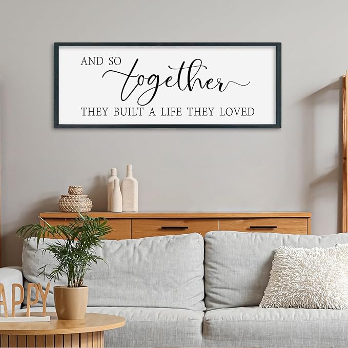 SRSZHIYUE And So Together They Built A Life They Loved Family Quotes Wall Decor 40"×15" Modern Minimalist Wedding Rustic Above Bed Bedroom Sign Large Wood Framed Wall Hanging (Black)