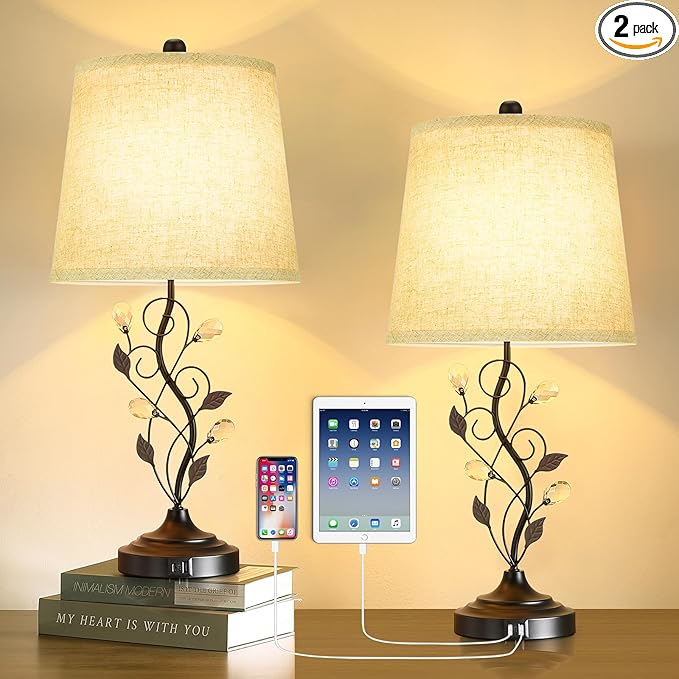 24.5in Farmhouse Table Lamps Set of 2, Rustic Bedroom Lamps with 2 USB Charging Ports, Cream Fabric Shade, Metal & Crystal Finish