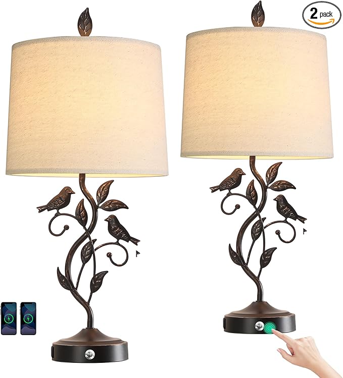 RORIANO 27" Set of 2 Touch Farmhouse Table Lamps for Living Room with 3-Way Dimmable 2 USB Ports, Vintage Rustic Iron Leaf Nightstand Lamp for Bedroom, LED Bulb Included (‎Bronze)