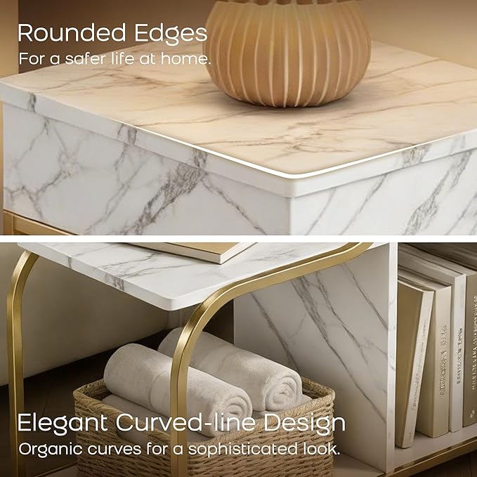 End Table with Charging Station, 3-Tier Sofa Side Table Sliding Top for Living Room, Bedside Table with Storage, Modern Curved Frame Accent Sofa Nightstand for Small Spaces Apartment, Gold & White