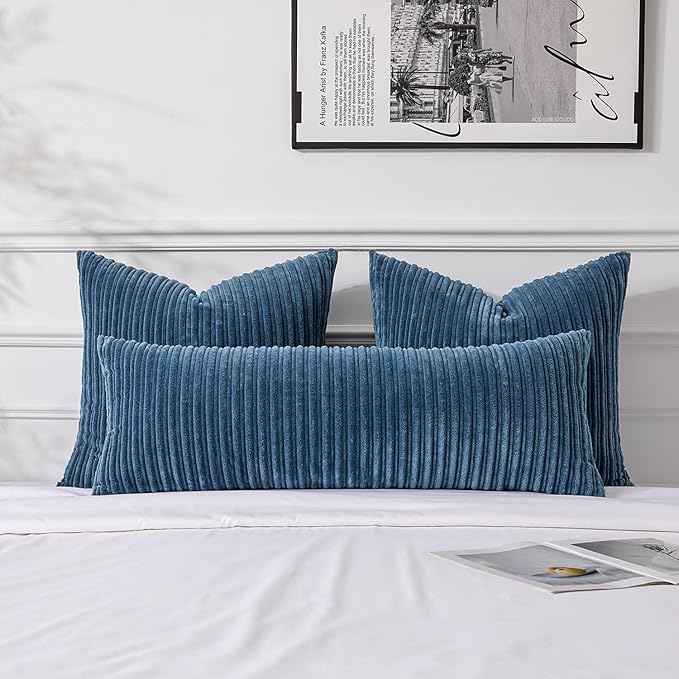 UGASA 14x36 Inch Pillow Cover Pack of 1 Soft Boho Stripe Corduroy Large Long Rectangular Lumbar Cushion Cover Farmhouse Decorative Throw Pillowcase for Bed Couch Sofa Bedroom Living Room, Dusty Blue
